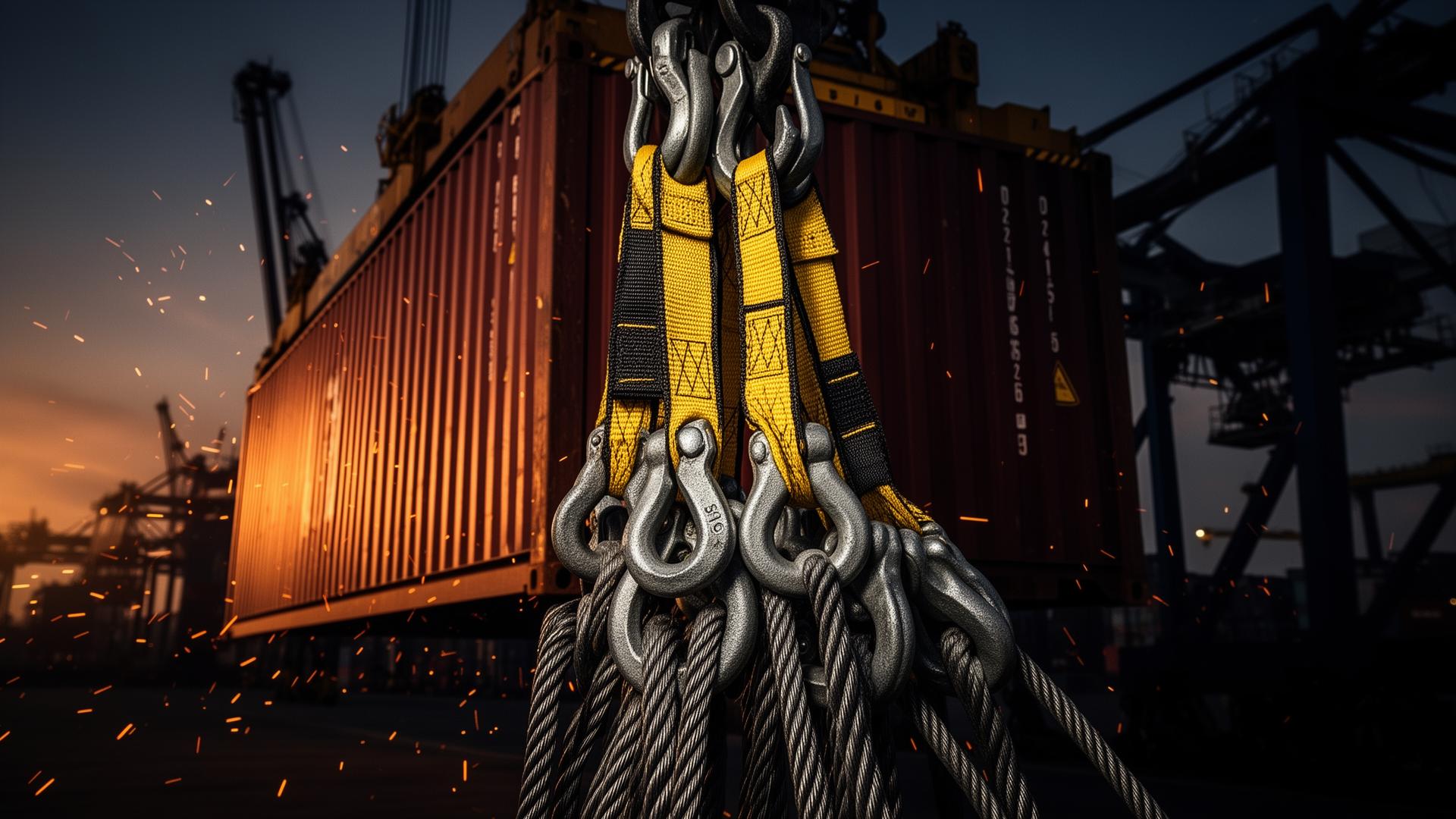 Cintas de elevação amarelas e cabos de aço içando container em ambiente portuário industrial